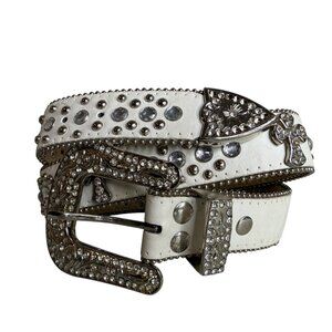 Y2K Grunge Rhinestone Cross Crystal White Leather Stud Snap On Buckle Belt M/L